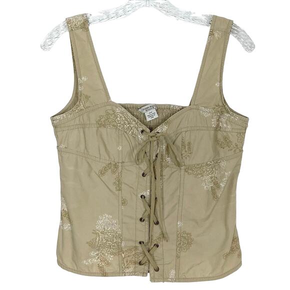 NWOT Vintage Y2K GUESS Top M Tan Floral Lace-Up Smocked Poplin-Cotton Sleeveless - Picture 1 of 8